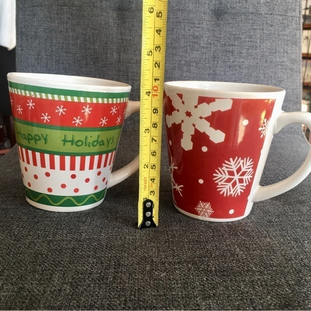 Set/2 Coffee Mugs - Snowflakes, Happy Holidays, Red, Green, 12 oz